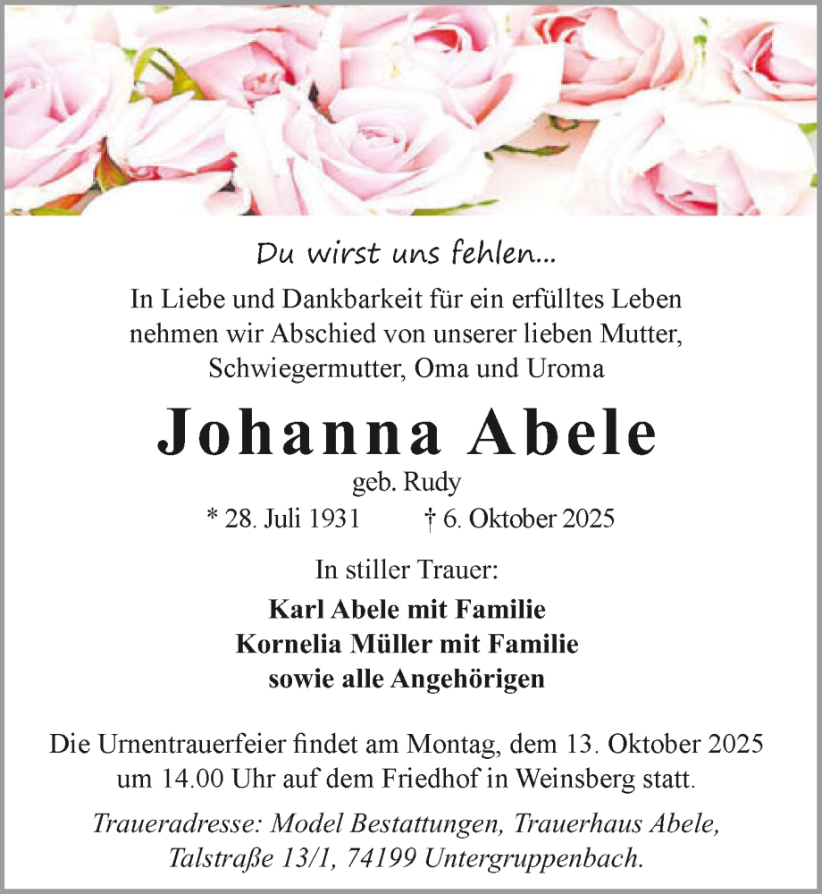  Traueranzeige für Johanna Abele vom 11.10.2025 aus GESAMT