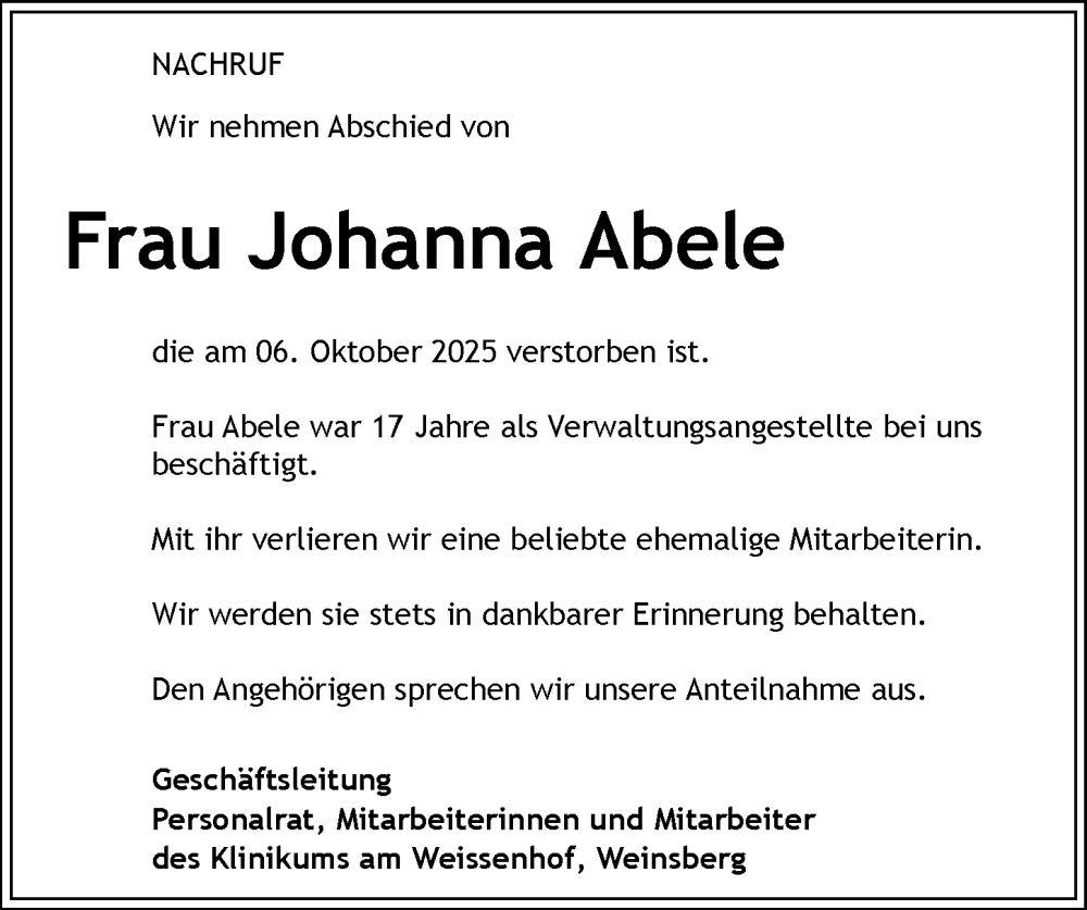  Traueranzeige für Johanna Abele vom 11.10.2025 aus GESAMT