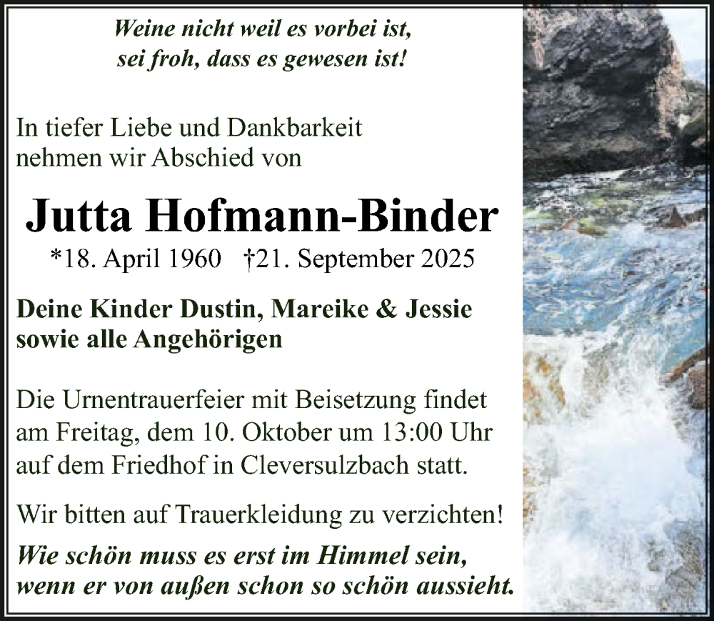  Traueranzeige für Jutta Hofmann-Binder vom 04.10.2025 aus GESAMT