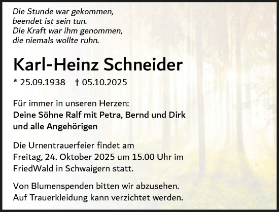 Traueranzeige von Karl-Heinz Schneider von GESAMT