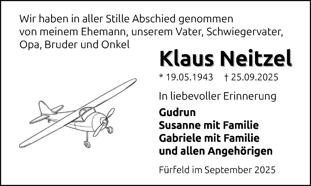  Traueranzeige für Klaus Neitzel vom 11.10.2025 aus GESAMT