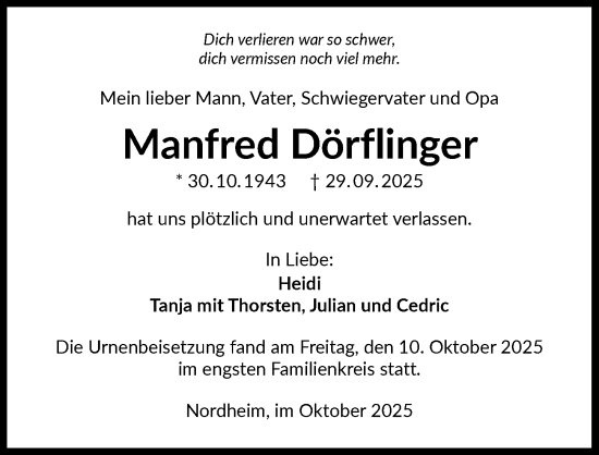Traueranzeige von Manfred Dörflinger von GESAMT
