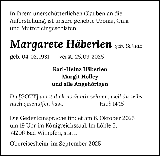 Traueranzeige von Margarete Häberlen von GESAMT