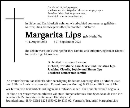 Traueranzeige von Margarita Lips von GESAMT