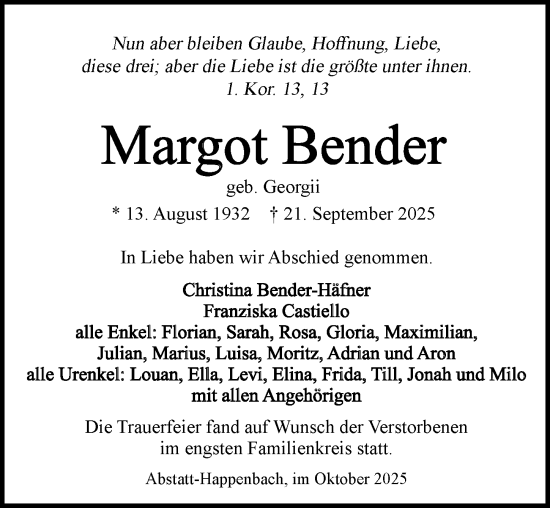 Traueranzeige von Margot Bender von GESAMT