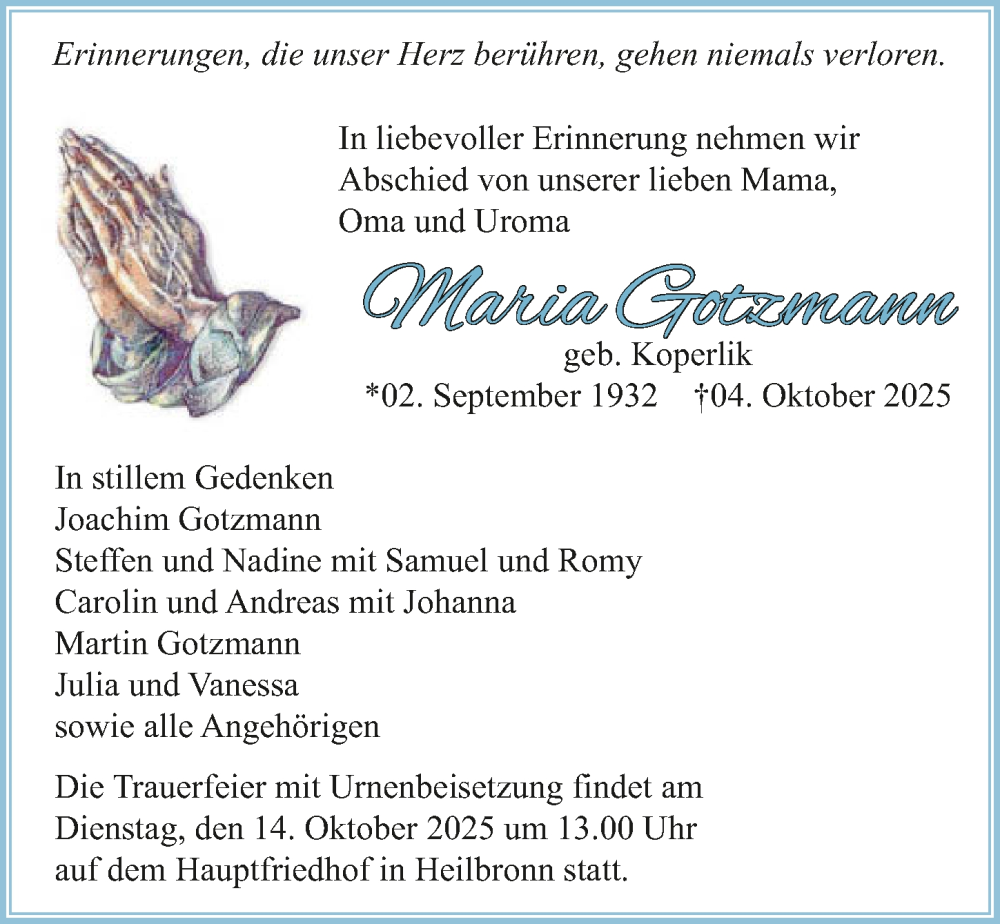  Traueranzeige für Maria Gotzmann vom 11.10.2025 aus GESAMT