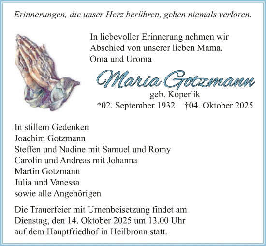 Traueranzeige von Maria Gotzmann von GESAMT