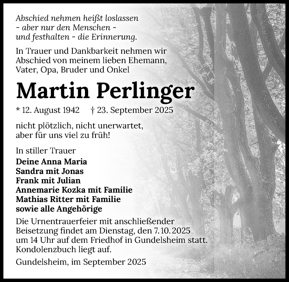  Traueranzeige für Martin Perlinger vom 04.10.2025 aus GESAMT