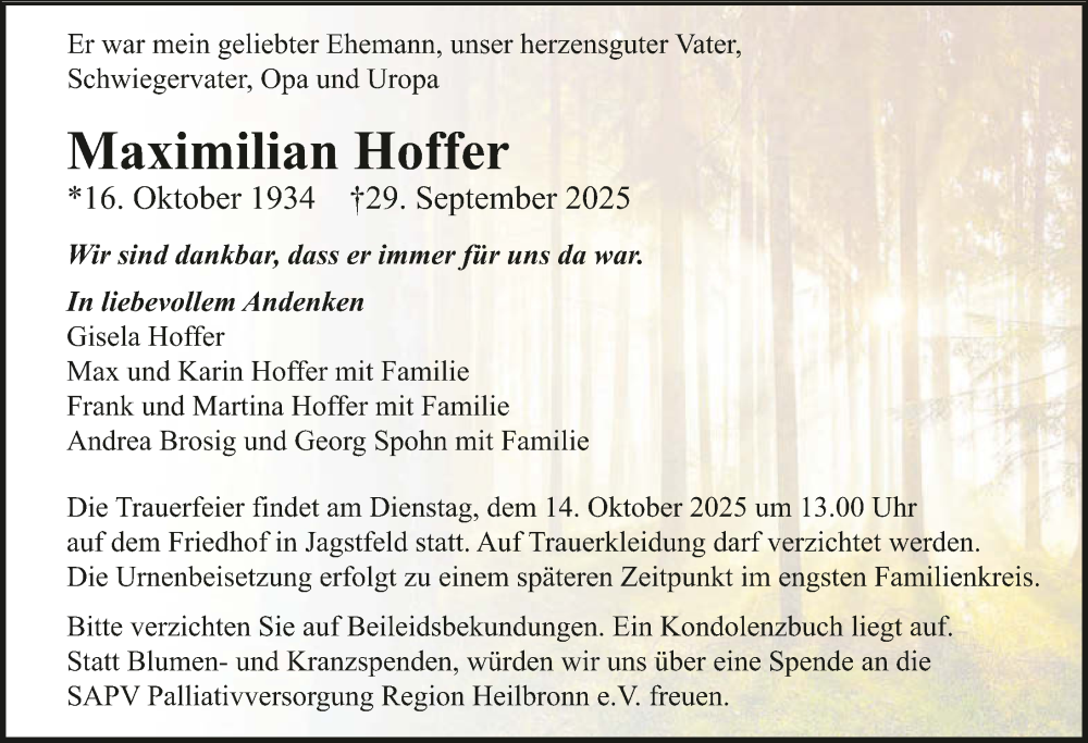  Traueranzeige für Maximilian Hoffer vom 04.10.2025 aus GESAMT