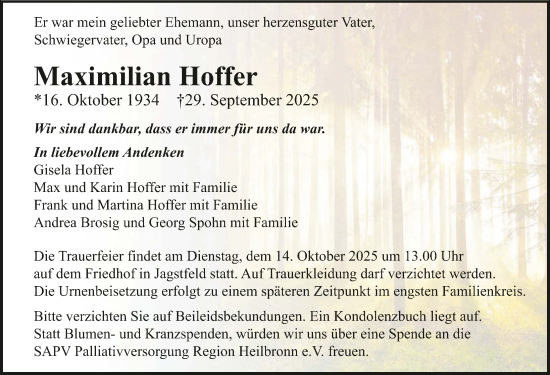 Traueranzeige von Maximilian Hoffer von GESAMT