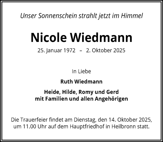 Traueranzeige von Nicole Wiedmann von GESAMT