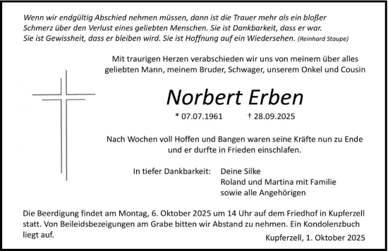 Traueranzeige von Norbert Erben von GESAMT