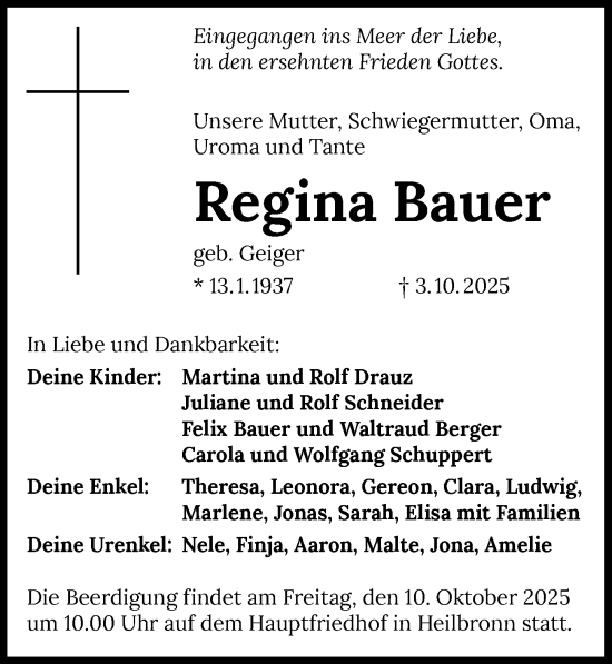 Traueranzeige von Regina Bauer von GESAMT