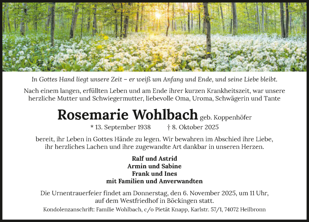  Traueranzeige für Rosemarie Wohlbach vom 14.10.2025 aus GESAMT