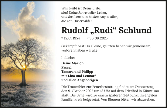 Traueranzeige von Rudolf Schlund von GESAMT