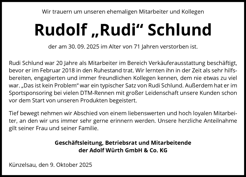  Traueranzeige für Rudolf Schlund vom 09.10.2025 aus GESAMT