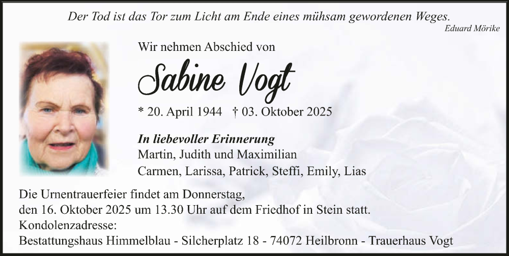  Traueranzeige für Sabine Vogt vom 11.10.2025 aus GESAMT
