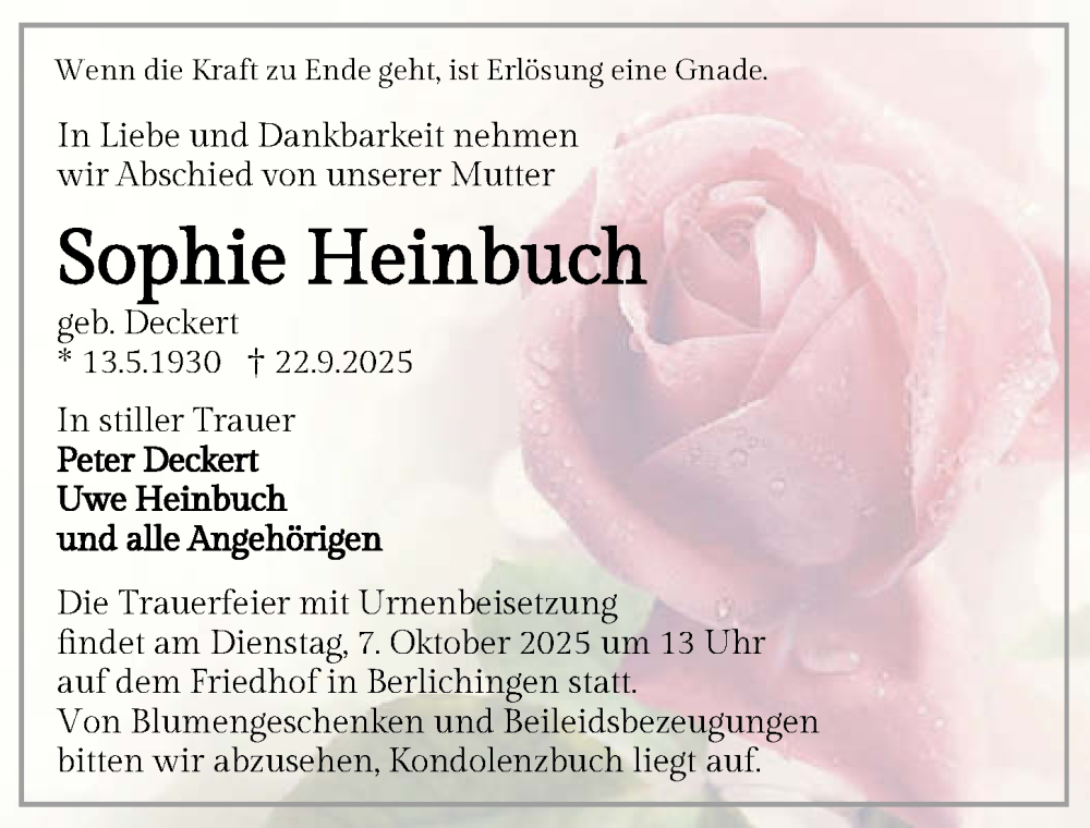  Traueranzeige für Sophie Heinbuch vom 01.10.2025 aus GESAMT