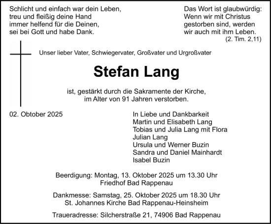 Traueranzeige von Stefan Lang von GESAMT