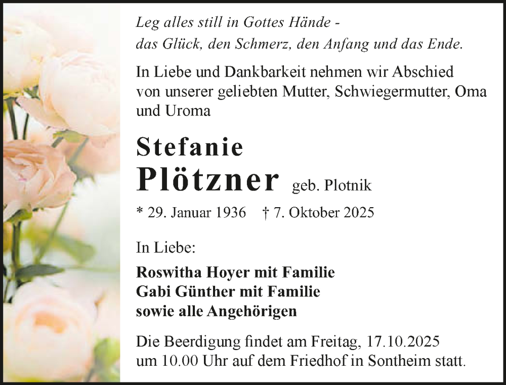  Traueranzeige für Stefanie Plötzner vom 11.10.2025 aus GESAMT