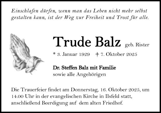 Traueranzeige von Trude Balz von GESAMT