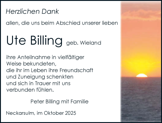 Traueranzeige von Ute Billing von GESAMT