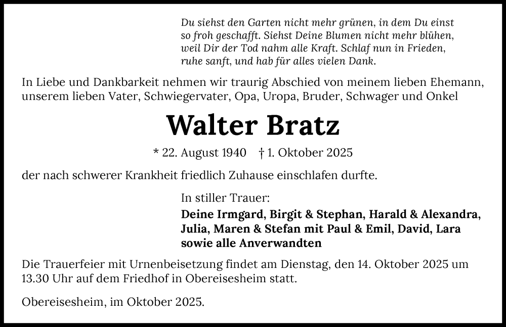  Traueranzeige für Walter Bratz vom 11.10.2025 aus GESAMT