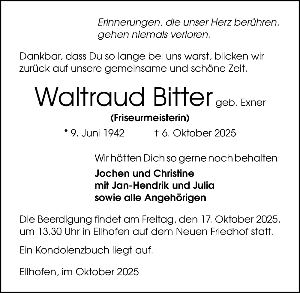 Traueranzeige für Waltraud Bitter vom 11.10.2025 aus GESAMT