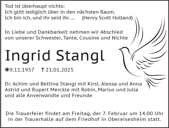 Traueranzeige von Ingrid Stangl von GESAMT