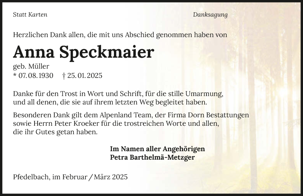  Traueranzeige für Anna Speckmaier vom 25.02.2025 aus GESAMT