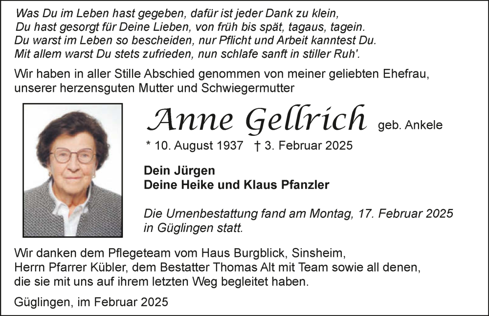  Traueranzeige für Anne Gellrich vom 20.02.2025 aus GESAMT