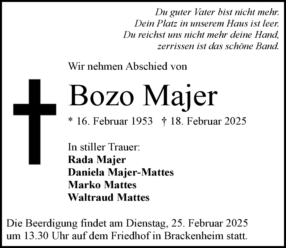  Traueranzeige für Bozo Majer vom 22.02.2025 aus GESAMT