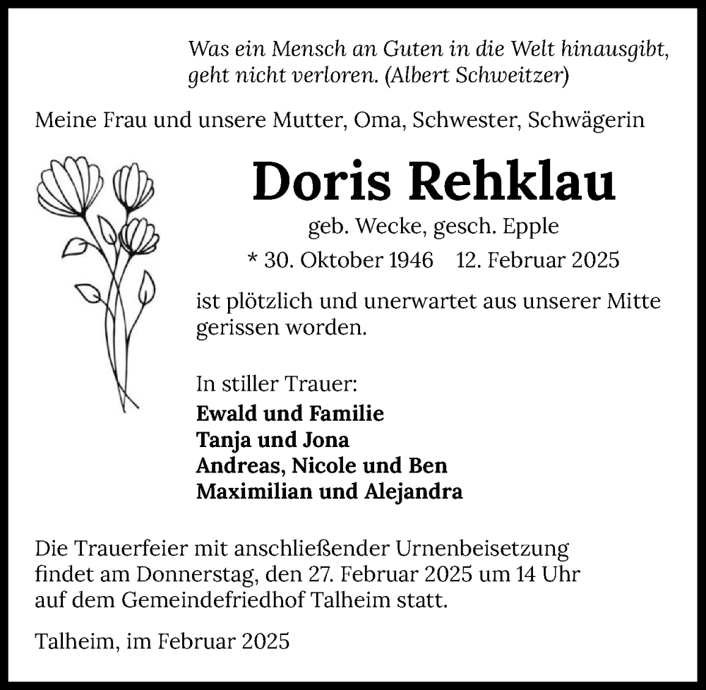  Traueranzeige für Doris Rehklau vom 15.02.2025 aus GESAMT