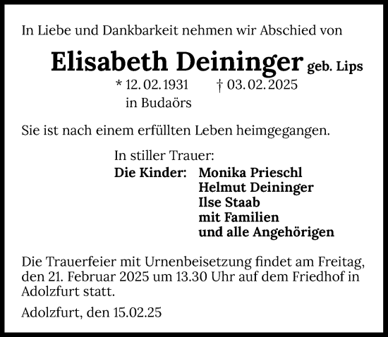 Traueranzeige von Elisabeth Deininger von GESAMT