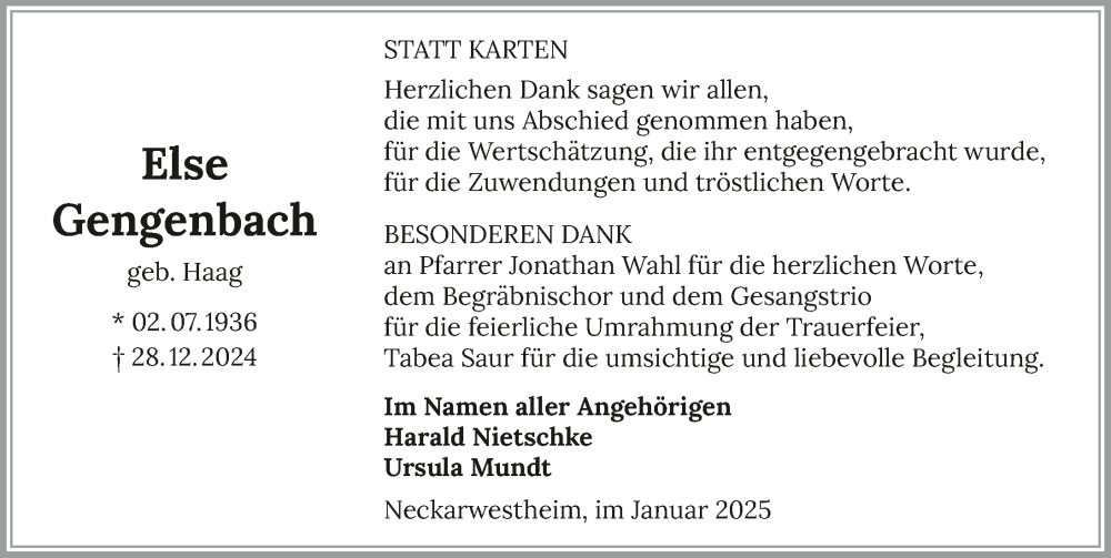  Traueranzeige für Else Gengenbach vom 08.02.2025 aus GESAMT