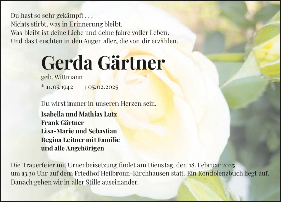 Traueranzeige von Gerda Gärtner von GESAMT