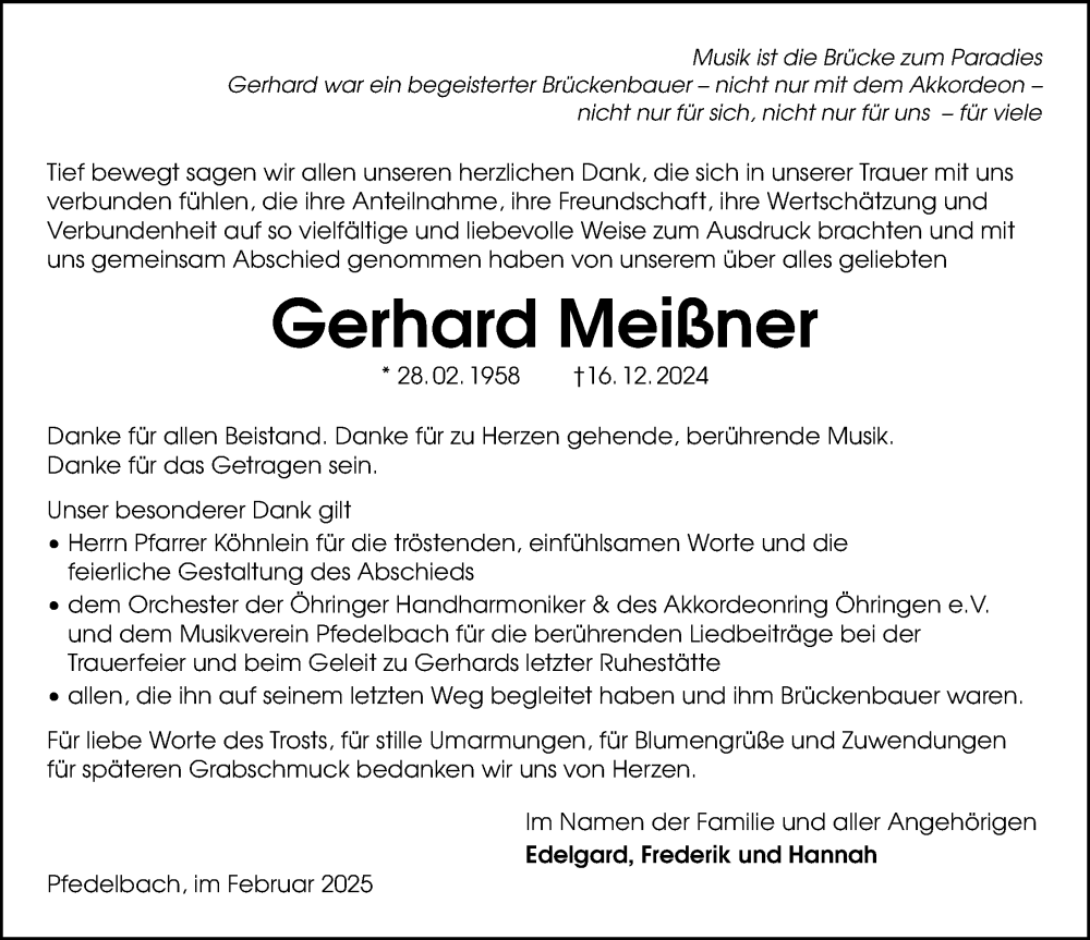  Traueranzeige für Gerhard Meißner vom 08.02.2025 aus GESAMT