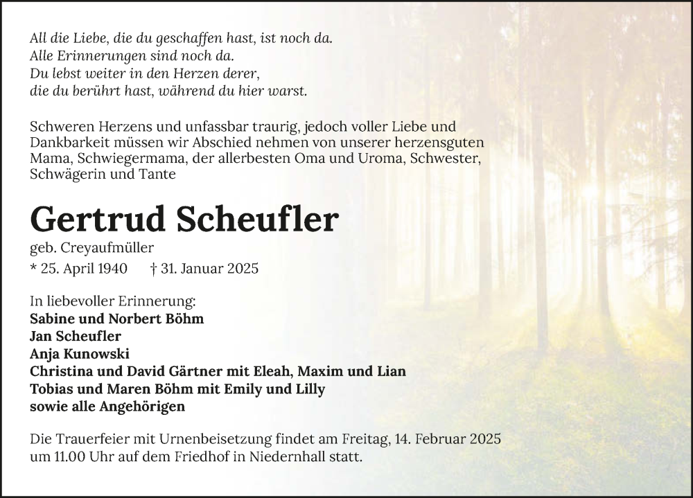  Traueranzeige für Gertrud Scheufler vom 10.02.2025 aus GESAMT