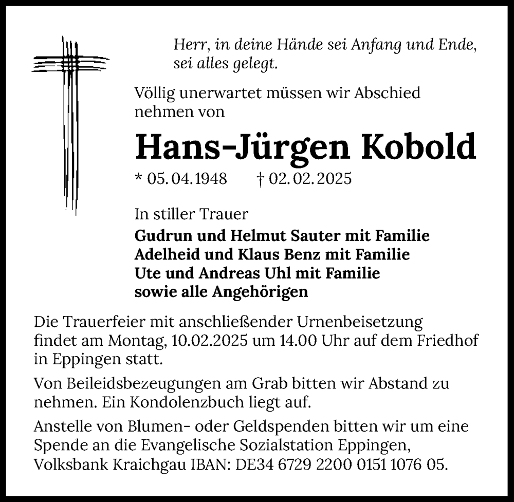  Traueranzeige für Hans-Jürgen Kobold vom 07.02.2025 aus GESAMT