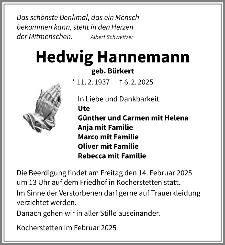  Traueranzeige für Hedwig Hannemann vom 11.02.2025 aus GESAMT
