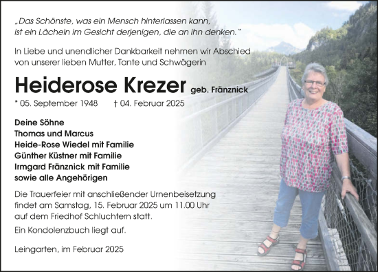 Traueranzeige von Heiderose Krezer von GESAMT
