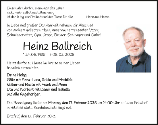 Traueranzeige von Heinz Ballreich von GESAMT