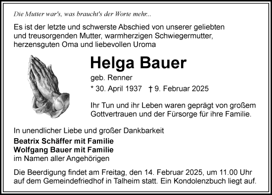 Traueranzeige von Helga Bauer von GESAMT