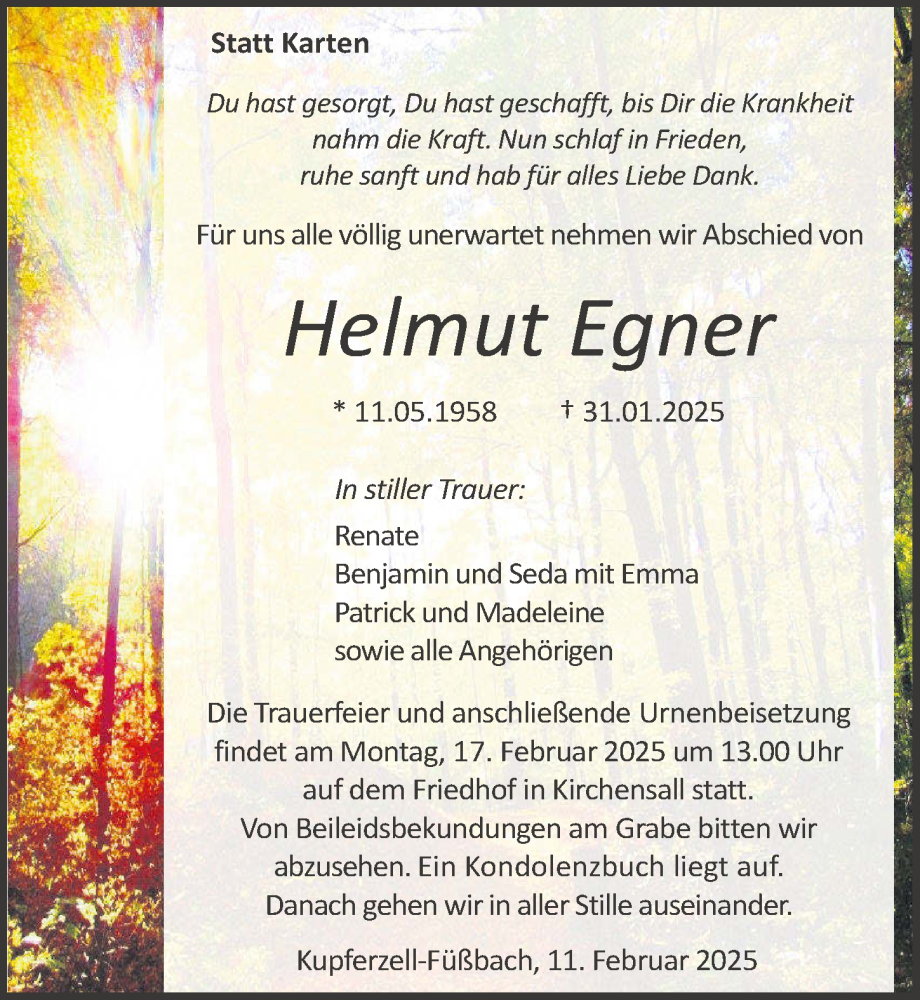  Traueranzeige für Helmut Egner vom 11.02.2025 aus GESAMT