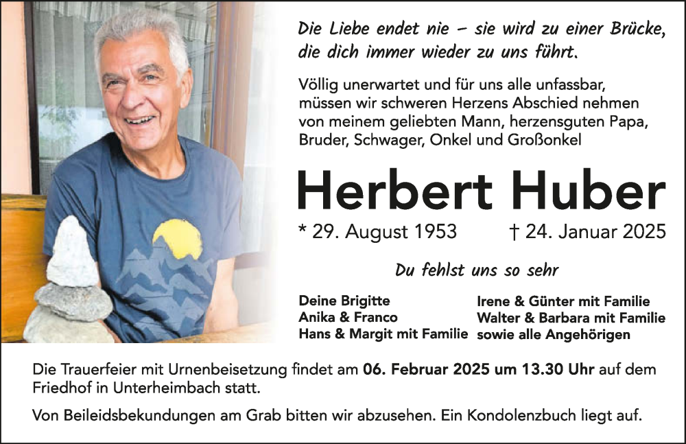  Traueranzeige für Herbert Huber vom 01.02.2025 aus GESAMT