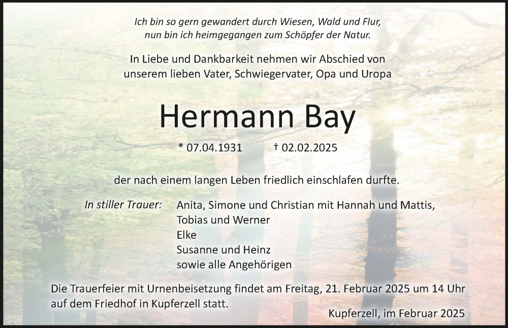  Traueranzeige für Hermann Bay vom 08.02.2025 aus GESAMT