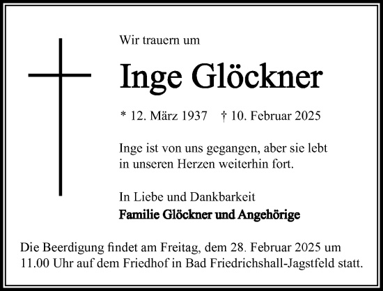 Traueranzeige von Inge Glöckner von GESAMT