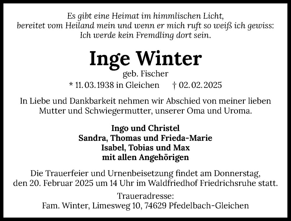  Traueranzeige für Inge Winter vom 15.02.2025 aus GESAMT