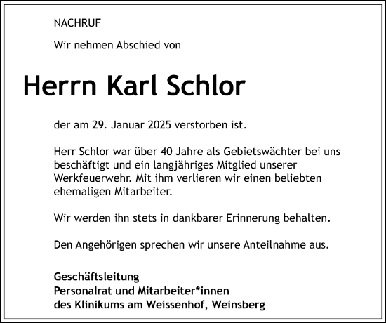 Traueranzeige von Karl Schlor von GESAMT