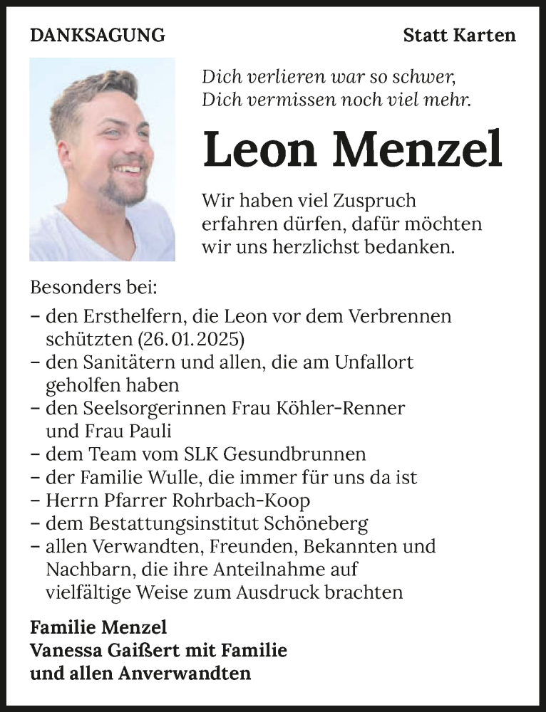  Traueranzeige für Leon Menzel vom 22.02.2025 aus GESAMT